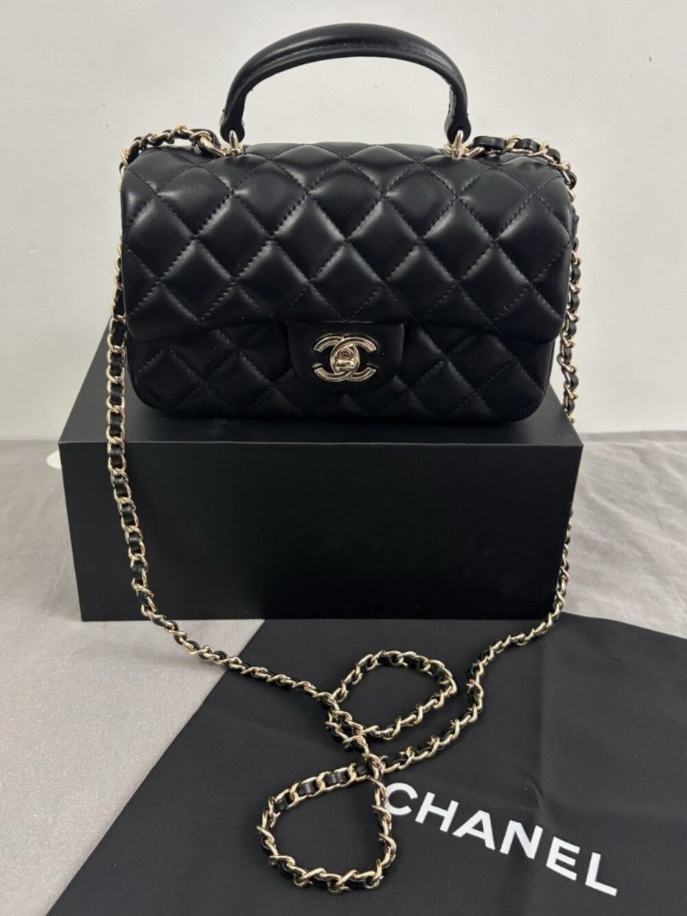Chanel Classic Flap Mini Top Handle Bag in Black Lambskin with Gold Hardware